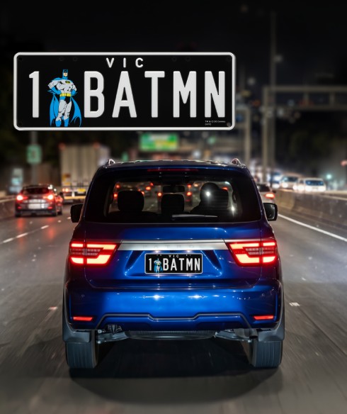 A car with a DC Comics style plate