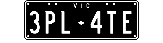 Restyled plate - white text on a black background, two sets of characters separated by a VIC logo at the top of the plate (e.g. 3 P L - 4 T E) 